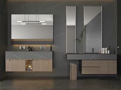 Modern Wall Mounted Bathroom Vanity With Wooden Cabinets Marble Countertop And Mirrors 3d model