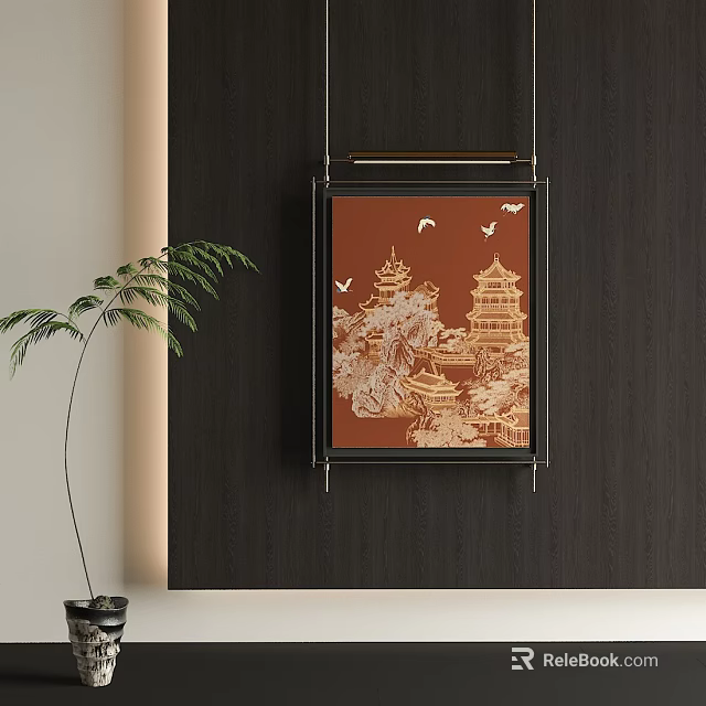 Elegant Chinese Landscape Painting With Golden Architecture Flying Birds On Red Background In Black Frame 3d model 