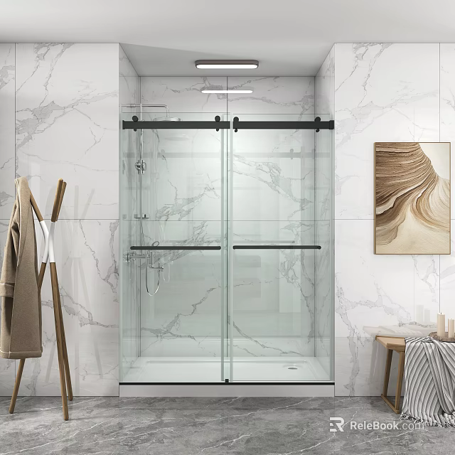 Modern Bathroom Set Featuring Marble Walls Glass Shower Sliding Doors And Decorative Painting 3d model 