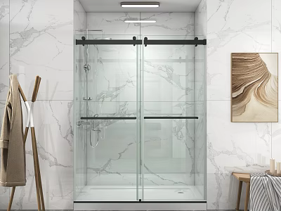 Modern Bathroom Set Featuring Marble Walls Glass Shower Sliding Doors And Decorative Painting 3d model