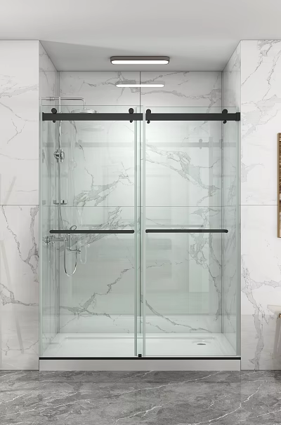 Modern Bathroom Set Featuring Marble Walls Glass Shower Sliding Doors And Decorative Painting 3d model