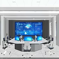Sleek Spacious Modern Public Office Area With Large Digital Display And Multiple Computer Workstations