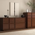 Minimalist Dark Wood Entryway Cabinet And Side Cabinet With Wall Mirror And Decor Items