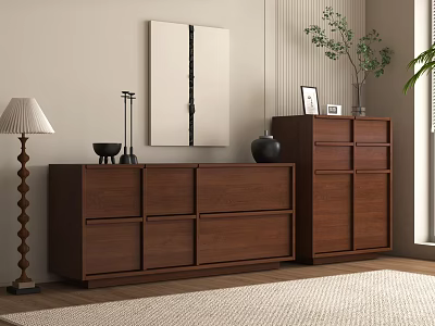 Minimalist Dark Wood Entryway Cabinet And Side Cabinet With Wall Mirror And Decor Items 3d model