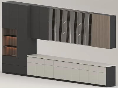 Modern Kitchen Cabinets With Glass Doors Wooden Accents And Light Colored Base 3d model