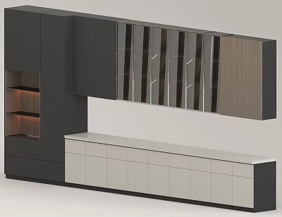 Modern Kitchen Cabinets With Glass Doors Wooden Accents And Light Colored Base 3d model