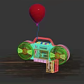 Red Balloon Attached to Retro Boombox With Red Cassette on Wooden Planks