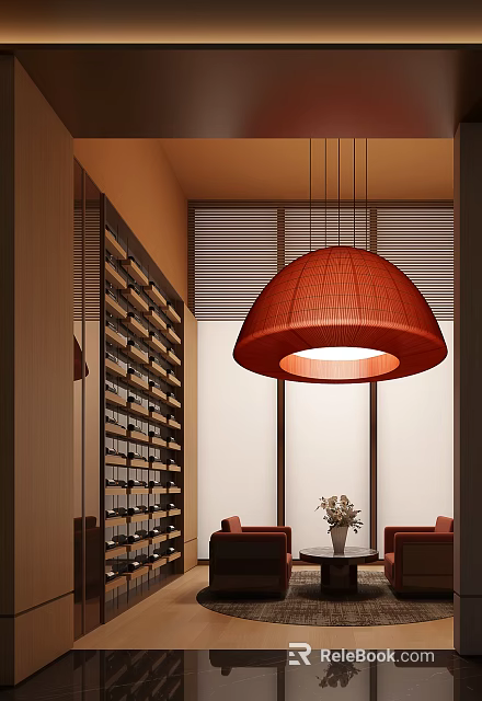 Hotel Public Lounge Interior With Red Woven Pendant Light Wooden Bookshelves And Cozy Seating 3d model 