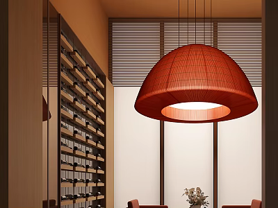 Hotel Public Lounge Interior With Red Woven Pendant Light Wooden Bookshelves And Cozy Seating 3d model