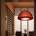 Hotel Public Lounge Interior With Red Woven Pendant Light Wooden Bookshelves And Cozy Seating