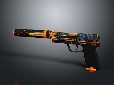 Modern Tactical Pistol With Black Orange Striped Pattern And Ergonomic Grip 3d model
