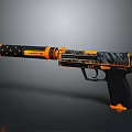 Modern Tactical Pistol With Black Orange Striped Pattern And Ergonomic Grip