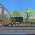 Modern Garden Landscape Design With Green Plants Outdoor Seating Umbrella Shade And Wooden Accents