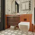 Vintage Style Bathroom Interior Featuring Patterned Wallpaper Wooden Vanity Round Mirror And Patterned Tile Floor 3d model