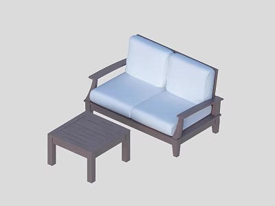 Modern Three-Seater Sofa With Light Cushions Dark Wooden Frame And Matching Coffee Table 3d model
