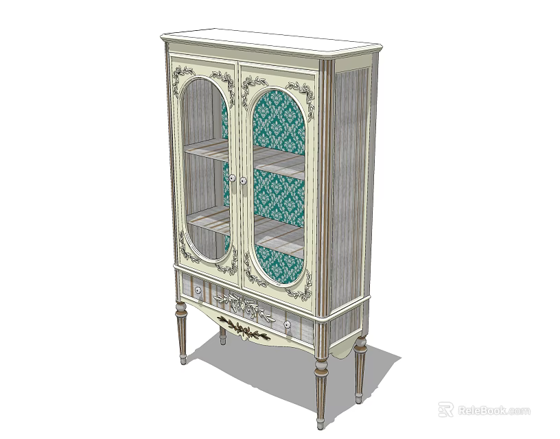 Vintage Style Sideboard With Double Glass Doors Ornate Details Green Interior And Slender Legs 3d model 