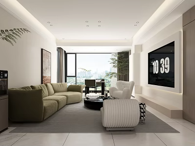 Modern Living and Dining Room Interior With Green Sofa TV Wall Dining Table And Large Window 3d model
