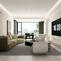 Modern Living and Dining Room Interior With Green Sofa TV Wall Dining Table And Large Window