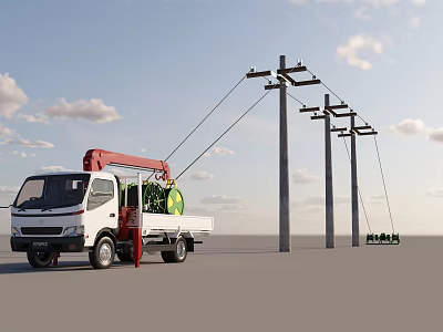 Industrial Equipment Mobile Crane Truck With Utility Poles Power Lines And Workers On Site 3d model