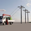 Industrial Equipment Mobile Crane Truck With Utility Poles Power Lines And Workers On Site