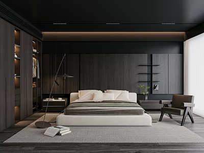 Modern Dark Wood Bedroom Interior Design With White Bed Wardrobe Chair And Rug 3d model