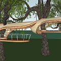 Modern Wooden Treehouse Structure Featuring Open Platform Railings And Leaf Shaped Canopy 3d model