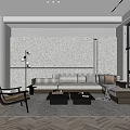 Modern Living Room Interior With Grey Sectional Sofa Patterned Rug Accent Chair And Coffee Table