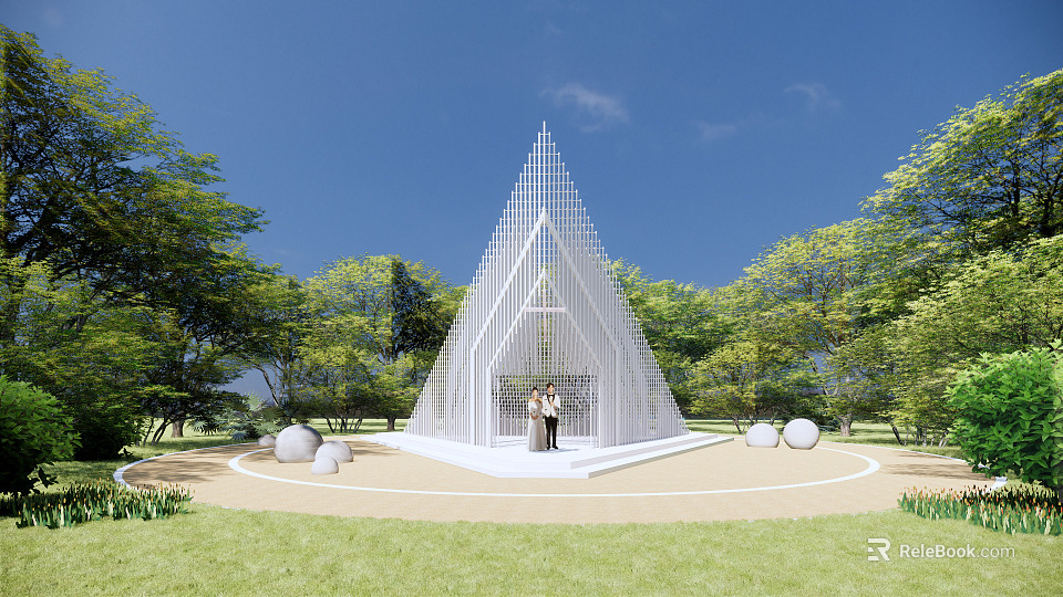 White Triangular Building With Couple Standing In Grassy Area Surrounded By Green Trees 3d model 