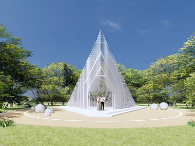 White Triangular Building With Couple Standing In Grassy Area Surrounded By Green Trees 3d model