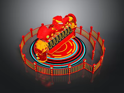 Vibrant Red Yellow Carousel With Decorative Horses Circular Railing And Colorful Rings 3d model
