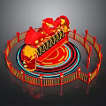 Vibrant Red Yellow Carousel With Decorative Horses Circular Railing And Colorful Rings