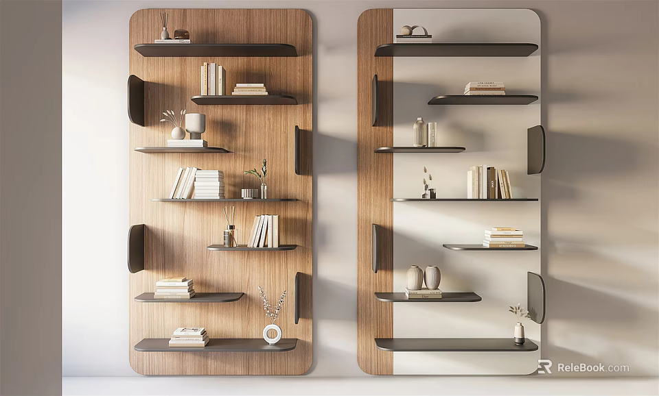 Modern Wall Mounted Wooden Shelving Units with Books and Decorative Items 3d model 
