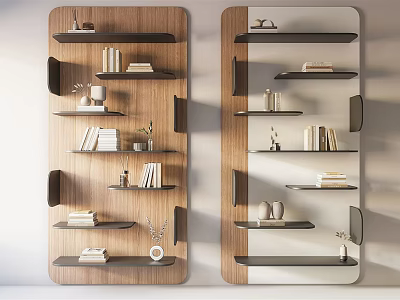 Modern Wall Mounted Wooden Shelving Units with Books and Decorative Items 3d model
