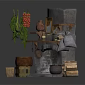 Traditional Stone Cooking Structure With Hanging Herbs Clay Pots and Firewood Stack 3d model