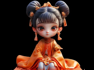 Cute Chinese Style Doll With Double Bun Hairstyle And Orange Traditional Costume 3d model