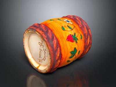 Decorative Household Storage Jar With Orange Red Body Wooden Texture And Strawberry Leaf Patterns 3d model