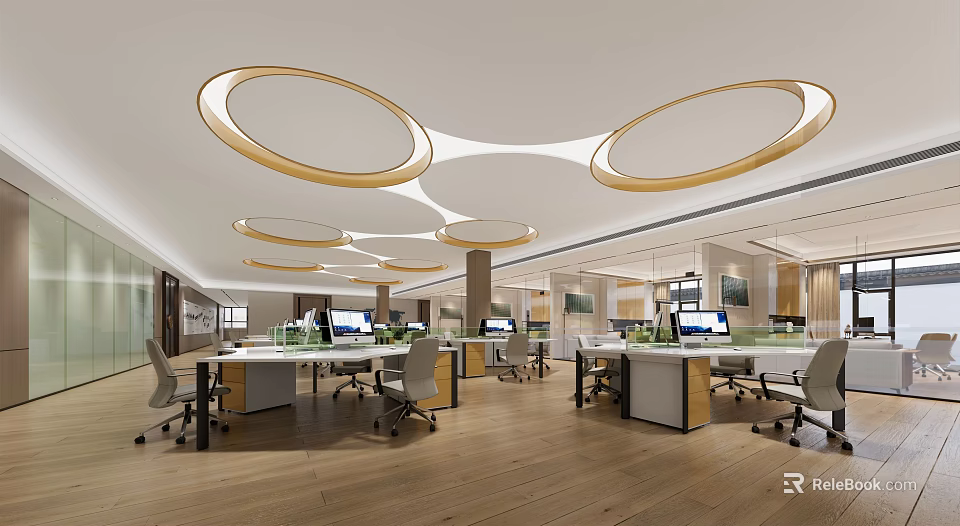 Modern Public Office Space with Multiple Desks Computers Gray Office Chairs Wooden Flooring Circular Lights 3d model 