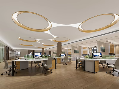 Modern Public Office Space with Multiple Desks Computers Gray Office Chairs Wooden Flooring Circular Lights 3d model