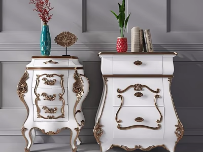 Elegant White and Gold Ornate Nightstands with Blue Vase Red Flowers Green Plant and Books 3d model