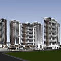 Modern High Rise Residential Tower With Glass Facade Balconies And Green Lawn