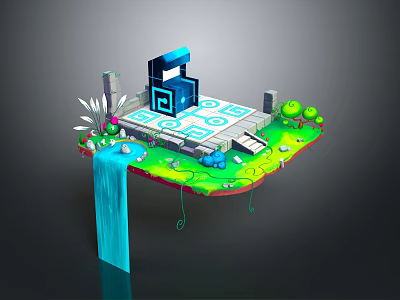 3D Floating Island Scene With Blue Building Geometric Patterns Green Grass Trees Flowers And Waterfall 3d model