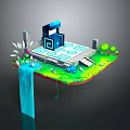 3D Floating Island Scene With Blue Building Geometric Patterns Green Grass Trees Flowers And Waterfall