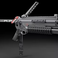Black Tactical Firearm With Red Accents Magazine Rail System And Textured Grip
