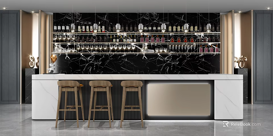 Stylish Bar Counter with Black Marble Backdrop Wine Racks Hanging Lights and Wooden Bar Stools 3d model 