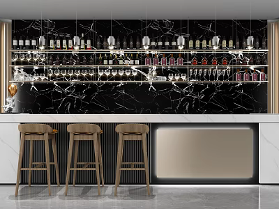 Stylish Bar Counter with Black Marble Backdrop Wine Racks Hanging Lights and Wooden Bar Stools 3d model