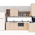 Modern Kitchen Interior With Wooden Upper And Lower Cabinets Refrigerator Sink And Oven