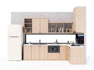 Modern Kitchen Interior With Wooden Upper And Lower Cabinets Refrigerator Sink And Oven 3d model