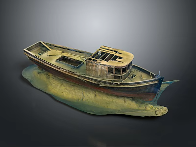 Old Wooden Boat as Water Transport with Cabin Structure on Sandy Base 3d model