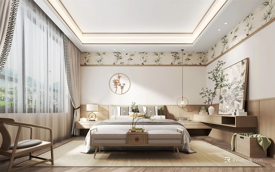 Modern Chinese Bedroom Interior With Floral Wallpaper Bed Nightstands Pendant Lights And Green Plants 3d model 