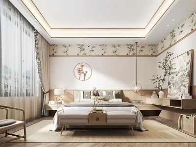 Modern Chinese Bedroom Interior With Floral Wallpaper Bed Nightstands Pendant Lights And Green Plants 3d model